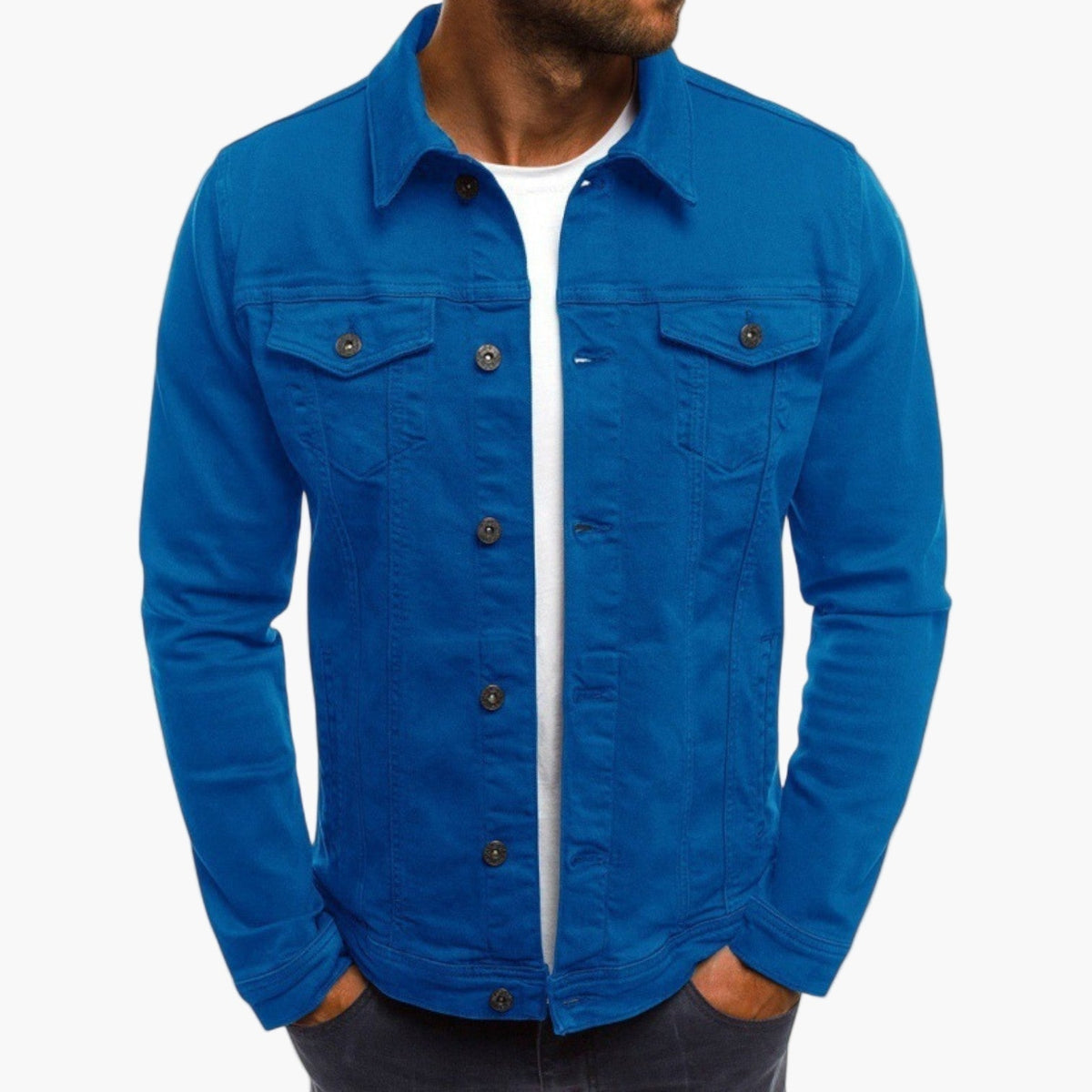 Veste col chemise boutonnée, coloris bleu vif, vue de face