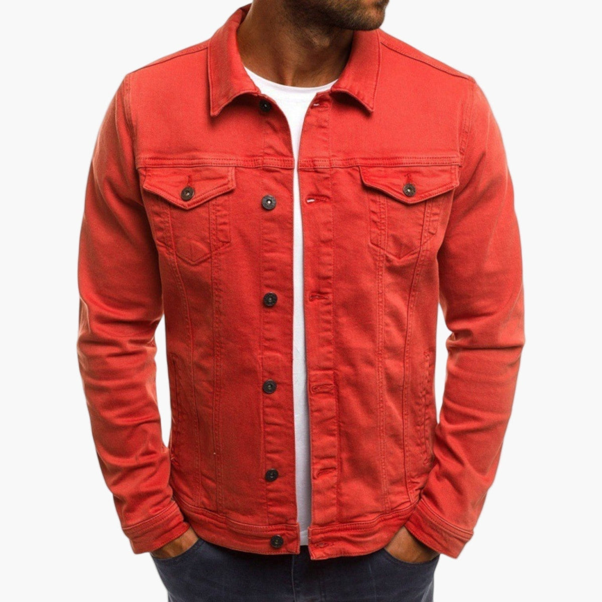 Veste col chemise boutonnée, coloris rouge, vue de face