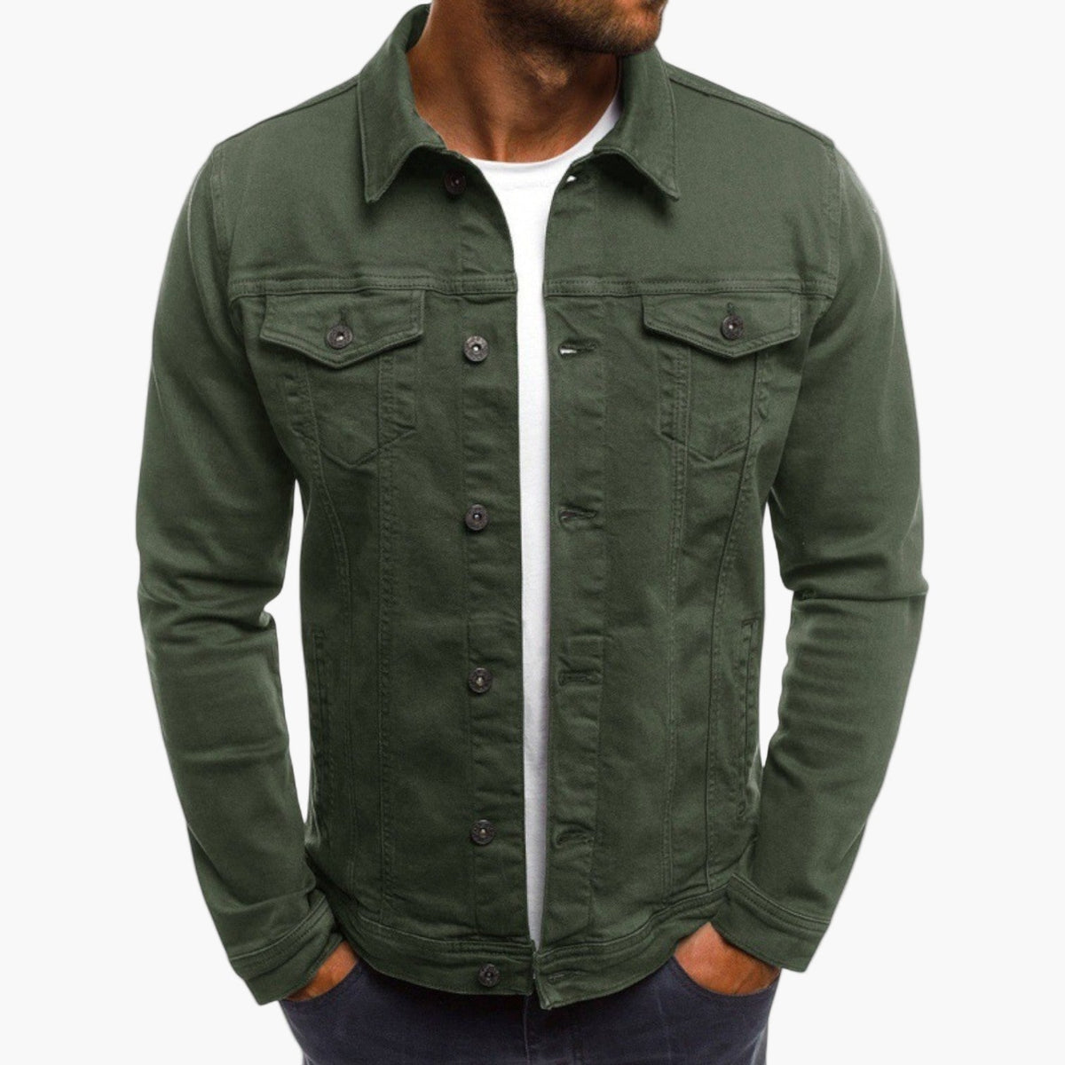Veste col chemise boutonnée, coloris vert olive, vue de face