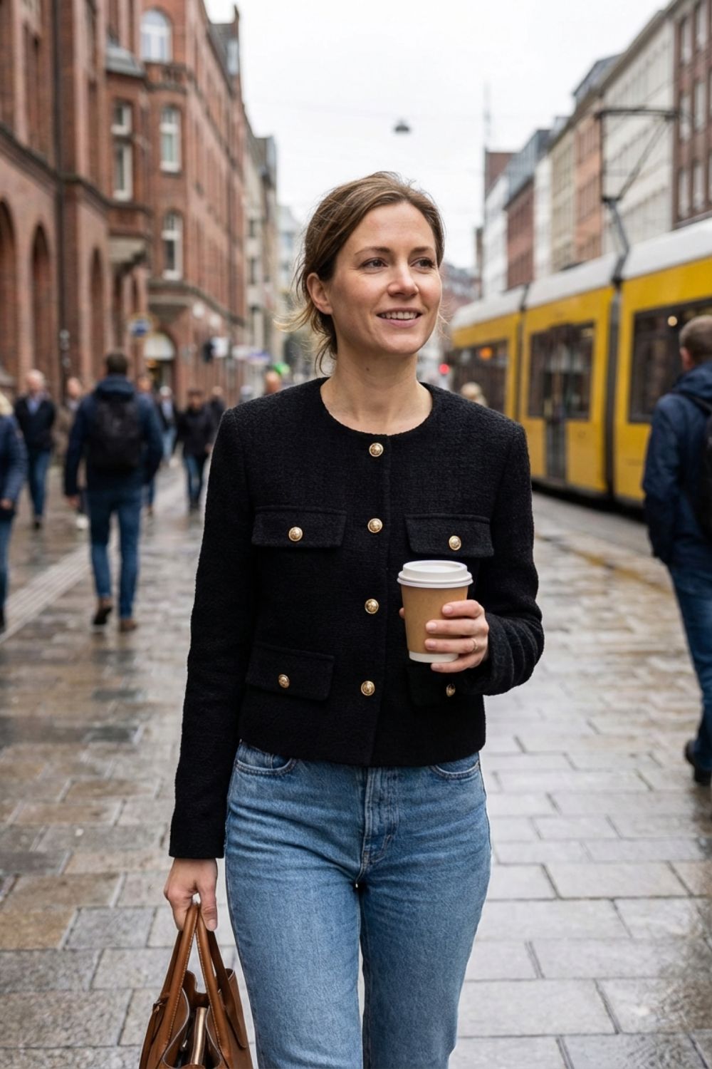 Veste courte à poches, coloris noir, porté en tenue
