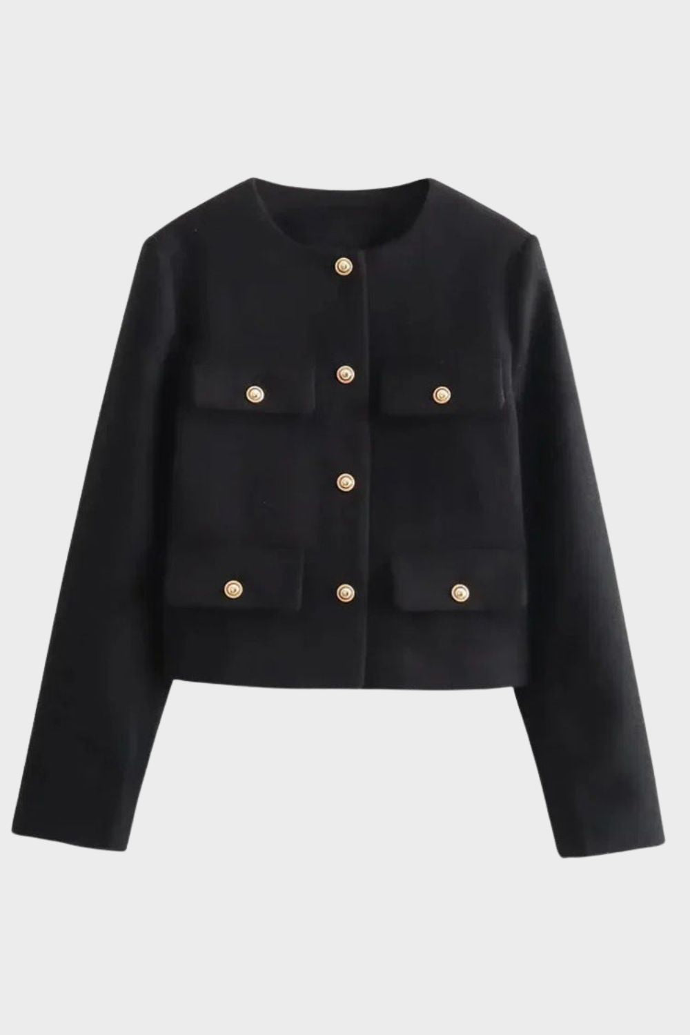 Veste courte à poches, coloris noir, présenté à plat