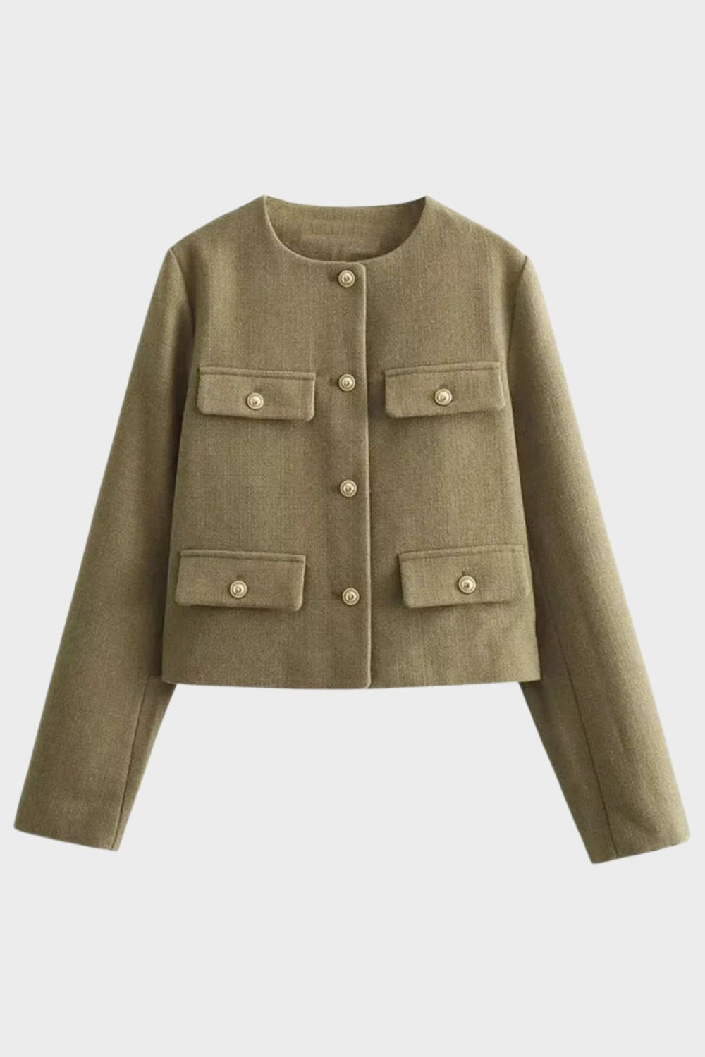 Veste courte à poches, coloris vert olive, présenté à plat