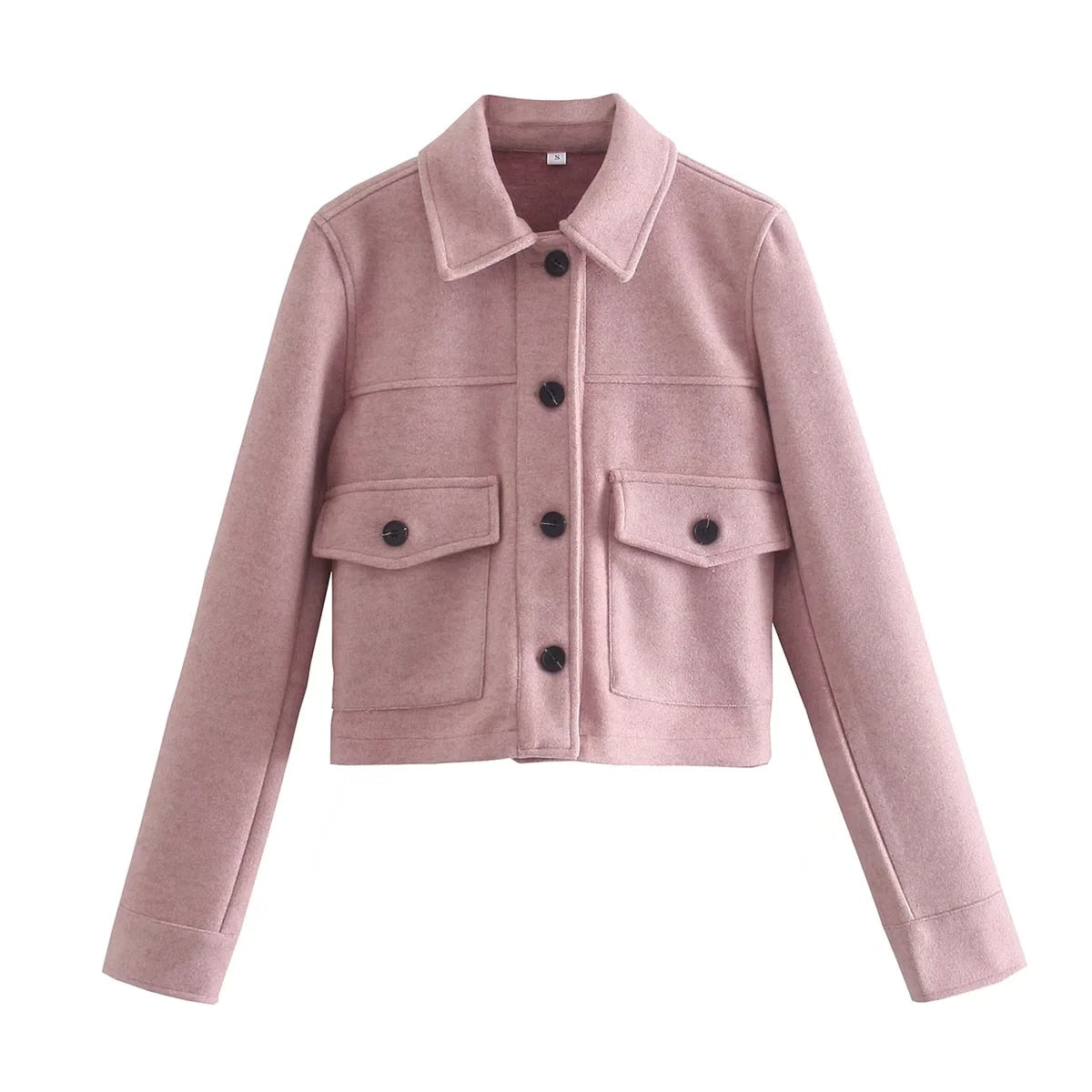 Veste courte à rabats, coloris rose poudré, présenté à plat