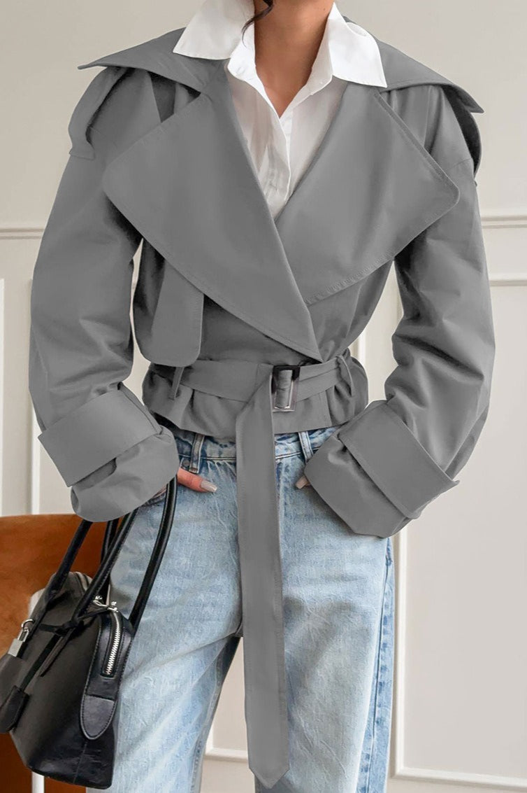 Veste courte ceinturée revers, coloris gris, vue de face