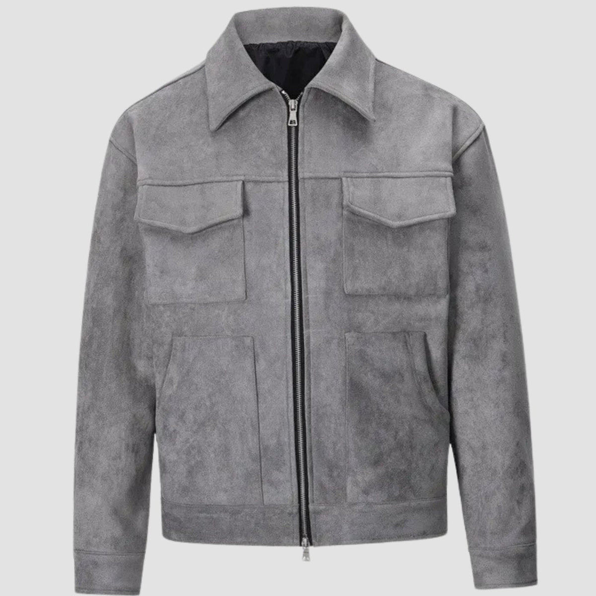 Veste courte effet daim grise à poches de poitrine à rabat, vue de face