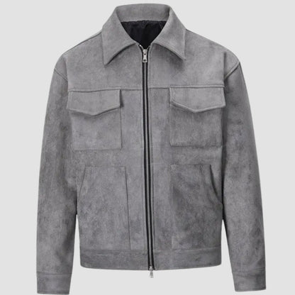Veste courte effet daim grise à poches de poitrine à rabat, vue de face