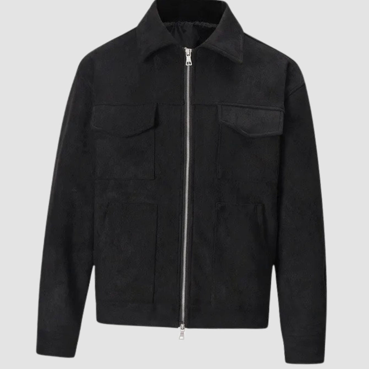 Veste courte effet daim noire à quatre poches, présentée seule