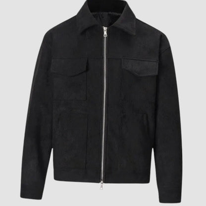 Veste courte effet daim noire à quatre poches, présentée seule