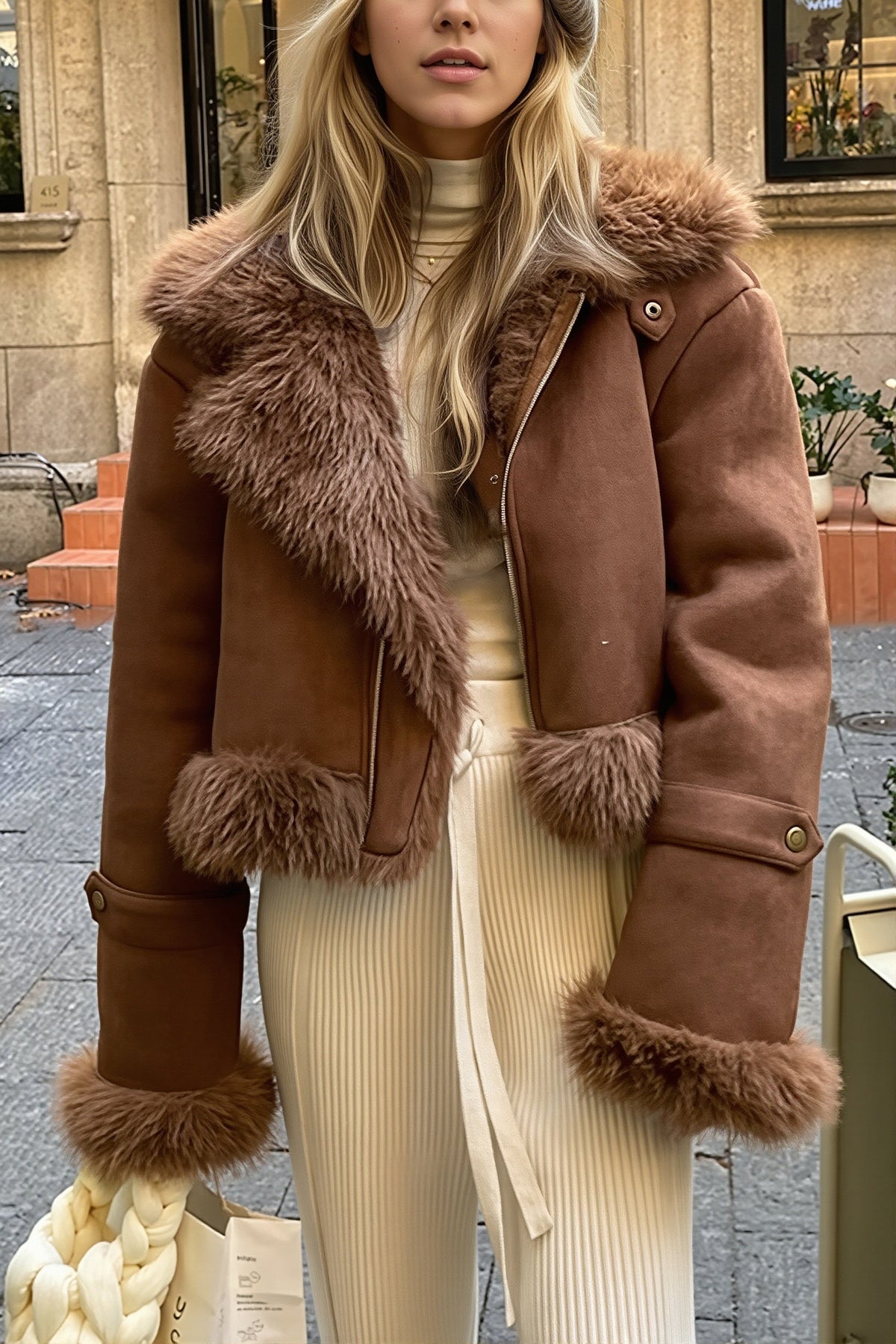 Veste courte grand col, coloris marron, porté en tenue
