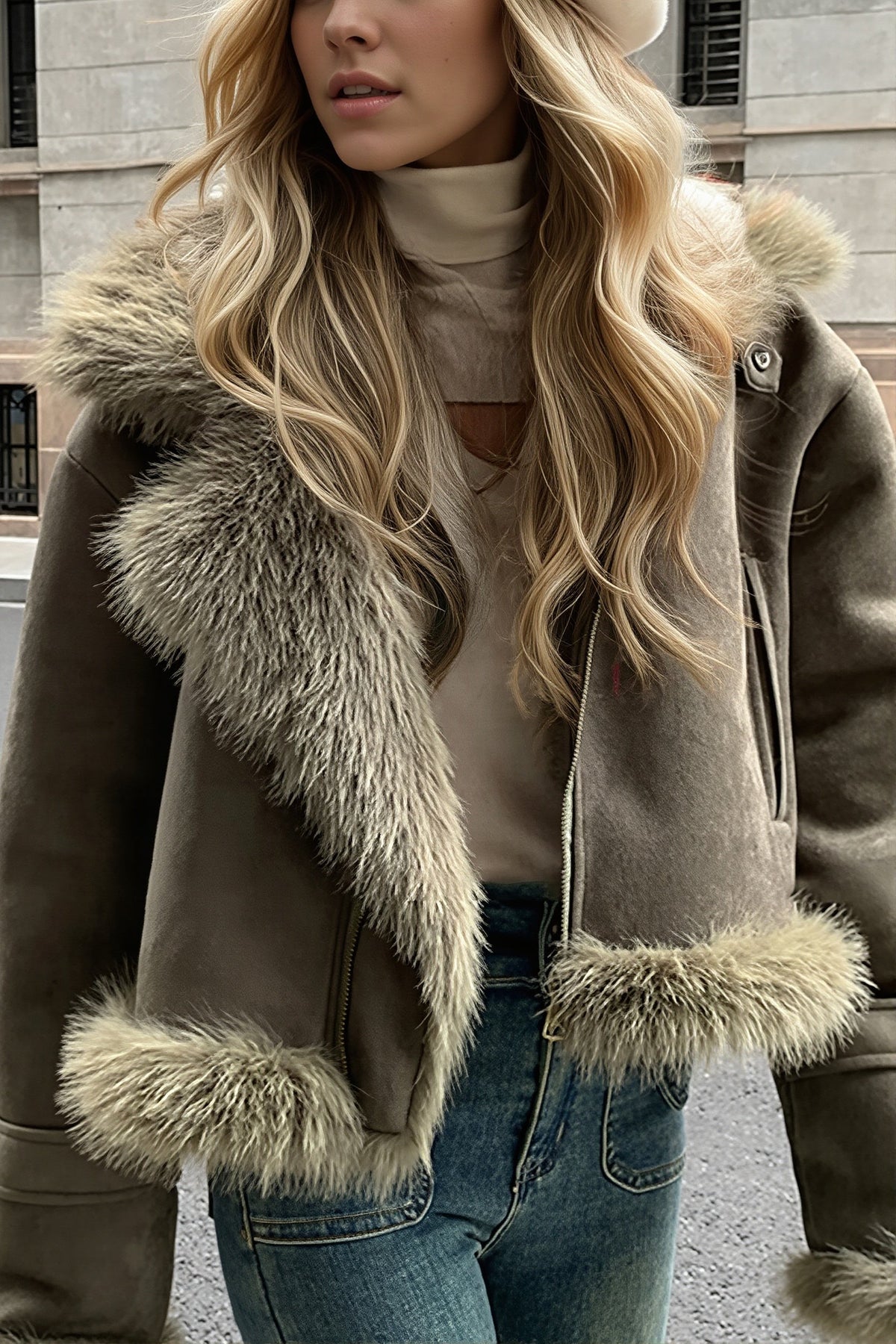 Veste courte grand col, coloris vert olive, vue de face