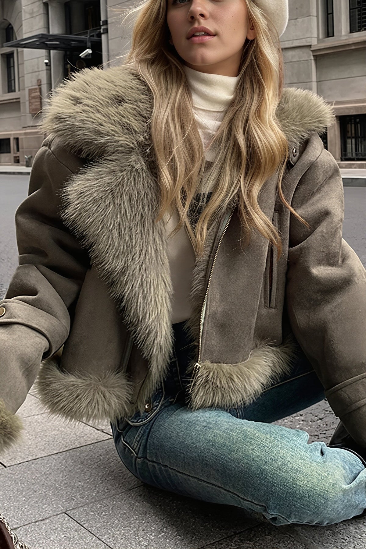 Veste courte grand col, coloris vert olive, porté en tenue