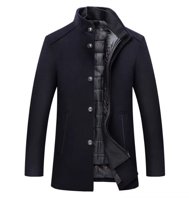 Manteau en laine bleu marine à col montant, gilet matelassé zippé à l'intérieur