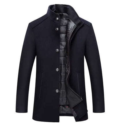 Manteau en laine bleu marine à col montant, gilet matelassé zippé à l'intérieur