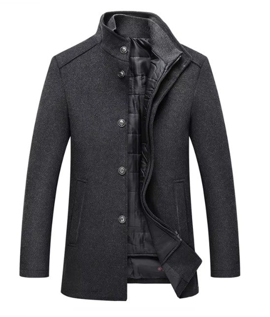 Manteau en laine gris anthracite à col montant et doublure matelassée amovible
