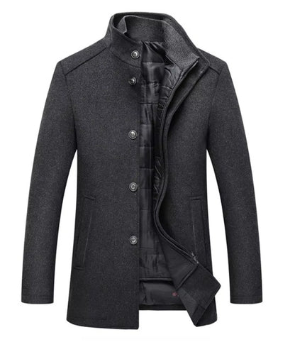 Manteau en laine gris anthracite à col montant et doublure matelassée amovible