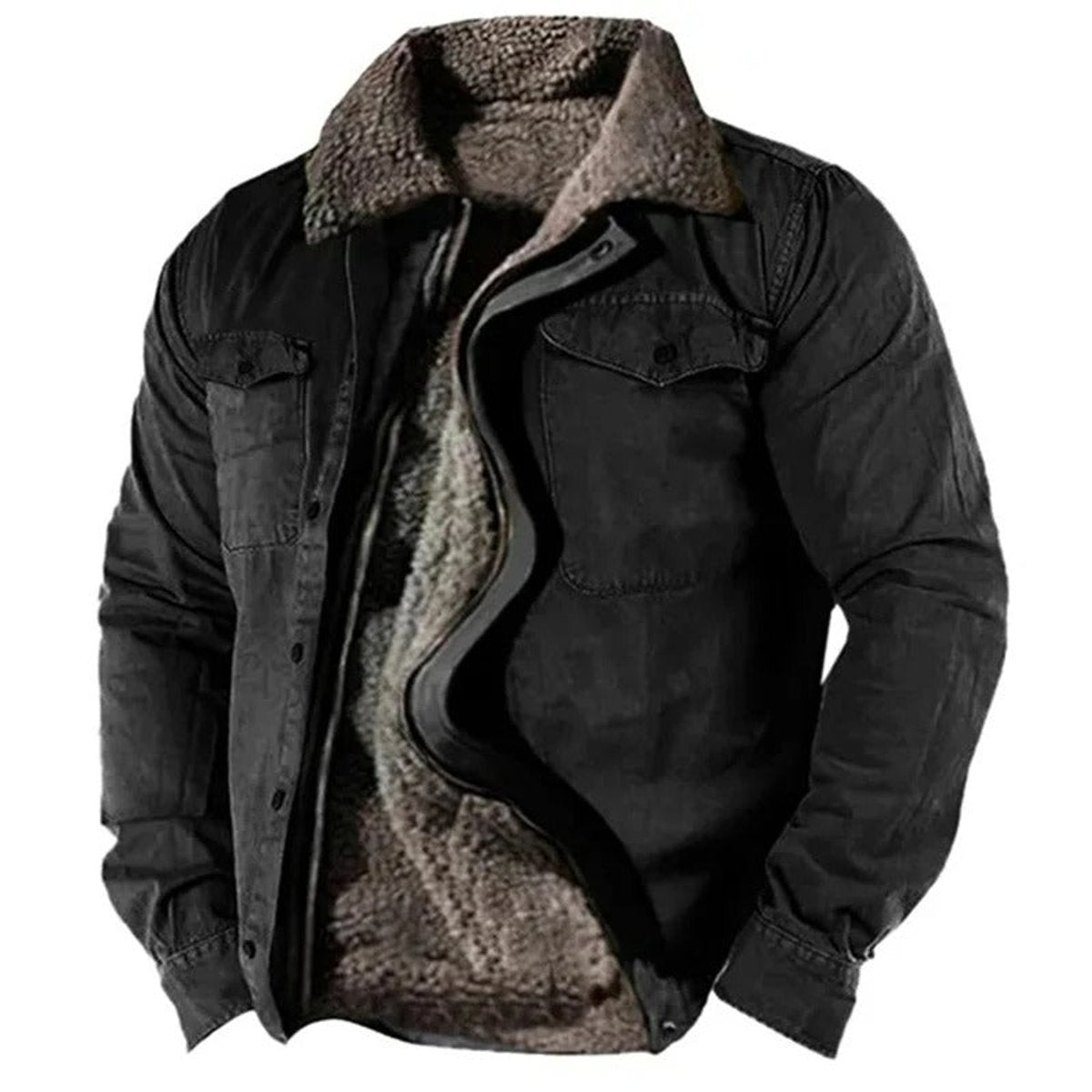 Veste doublée sherpa pour homme, noire, col sherpa et poches poitrine