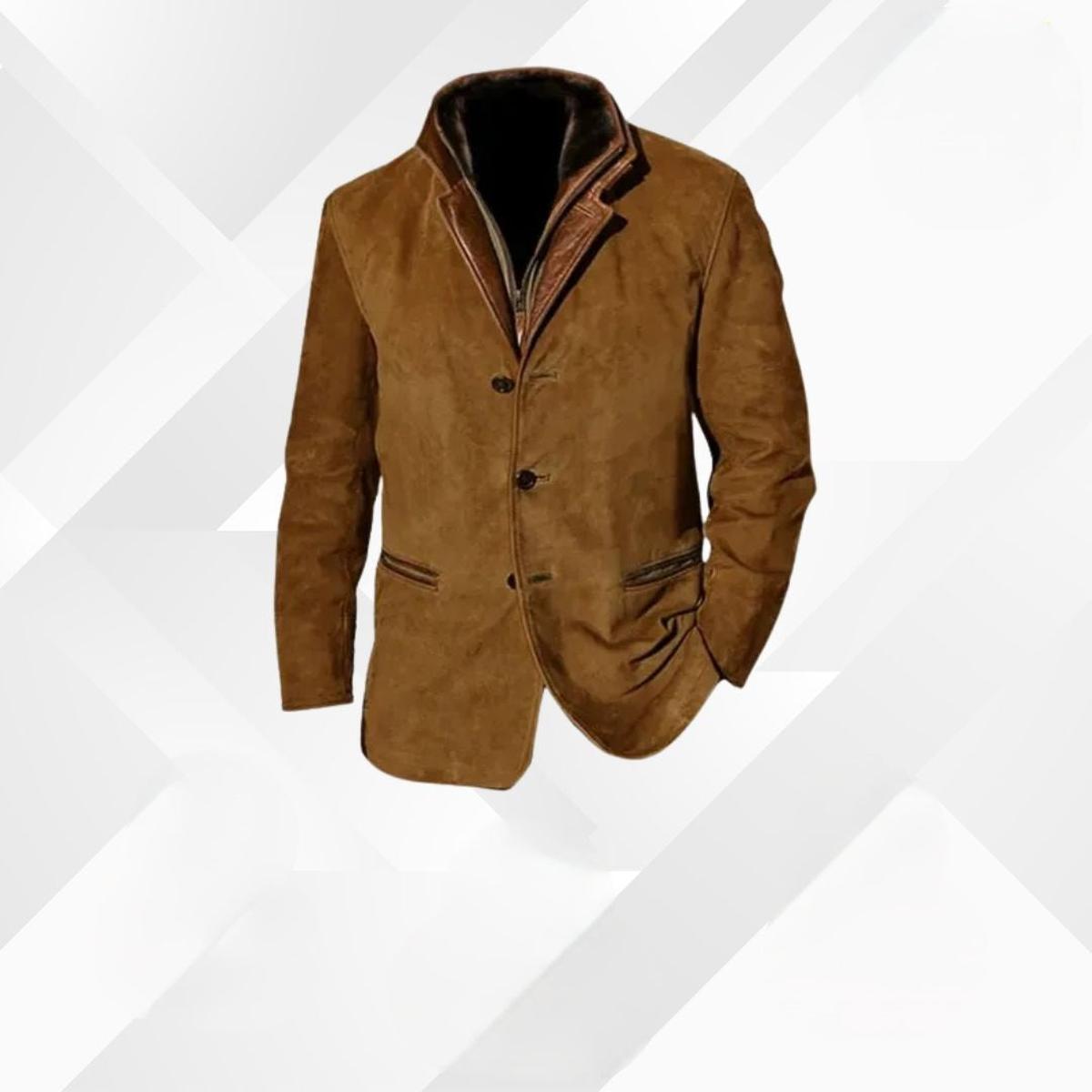 Veste marron à revers crantés et double col, vue de trois quarts