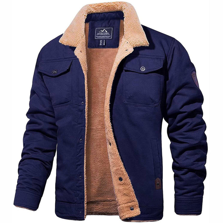 Veste en coton bleu marine doublée de sherpa abricot, col en peau lainée relevé