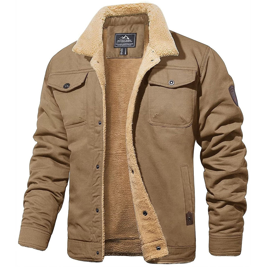 Veste en coton camel doublée de sherpa écru, col en peau lainée et poches à rabat