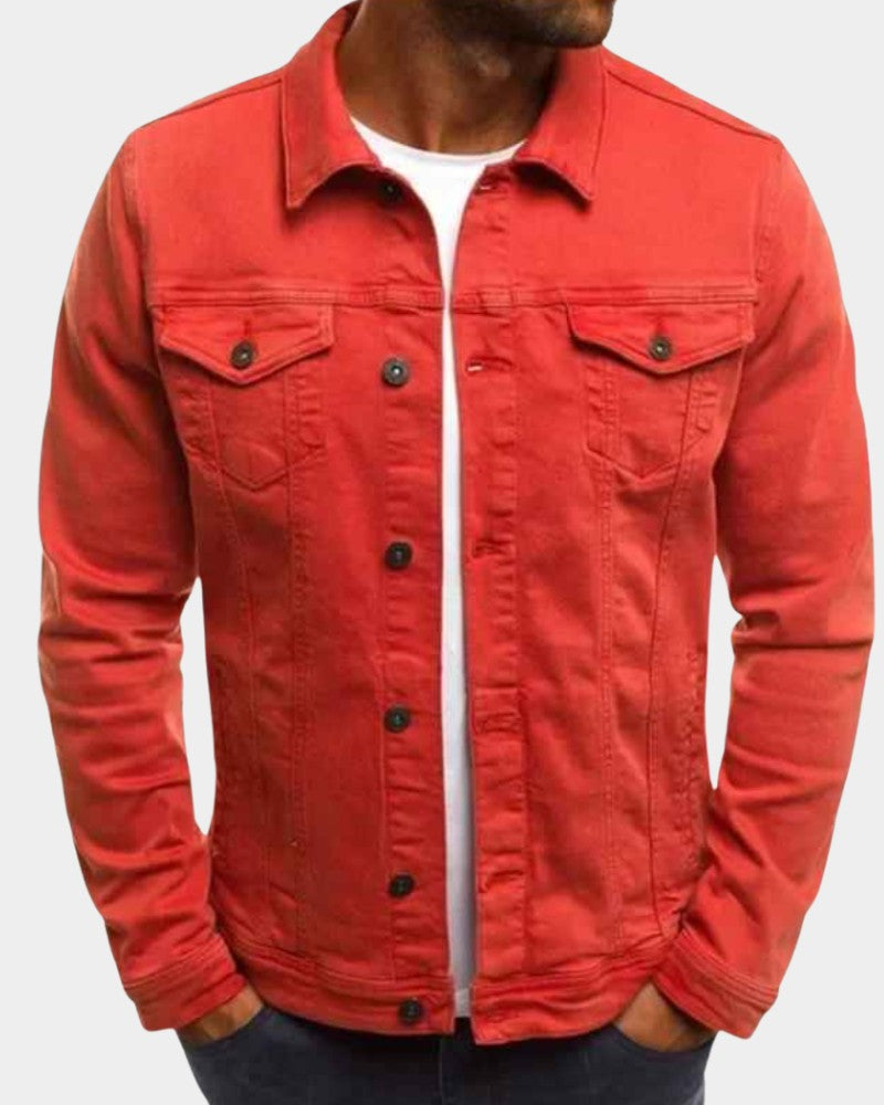 Veste en jean droite, coloris rouge, vue de face