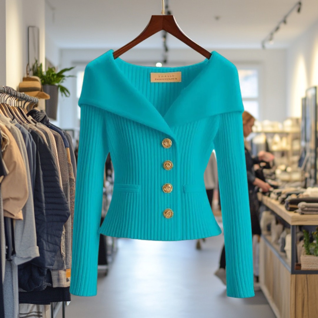 Veste en maille côtelée bleu turquoise à grand col et boutons dorés, sur cintre