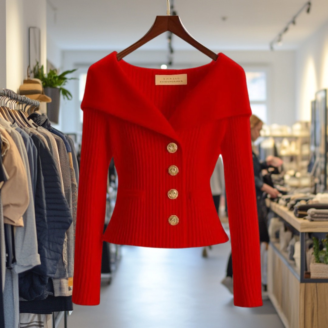 Veste en maille côtelée rouge à grand col et boutons dorés, sur cintre