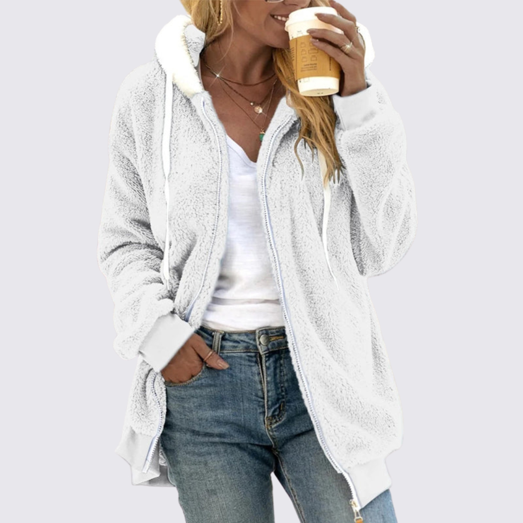 Veste en peluche à capuche, coloris blanc, vue de face