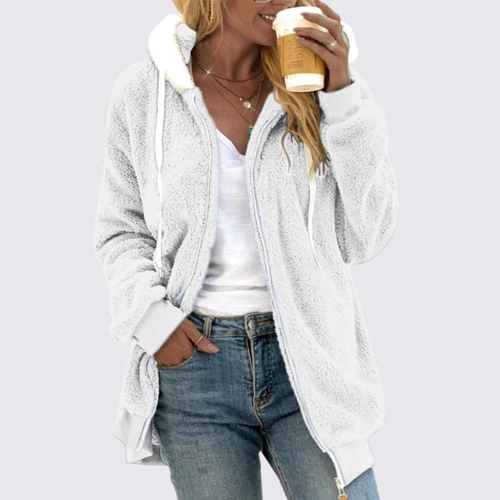 Veste en peluche à capuche, coloris blanc, vue de face
