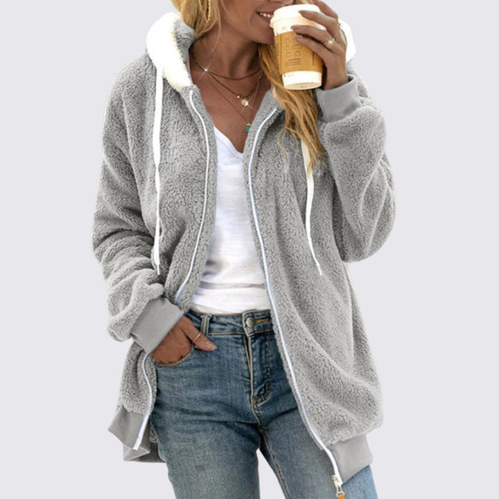 Veste en peluche à capuche, coloris gris clair, vue de face