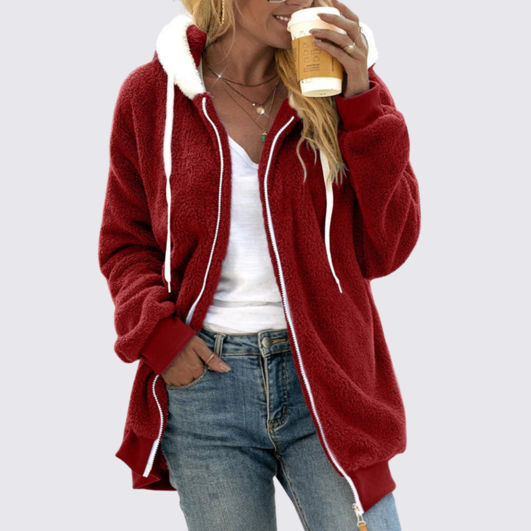 Veste en peluche à capuche, coloris rouge, vue de face