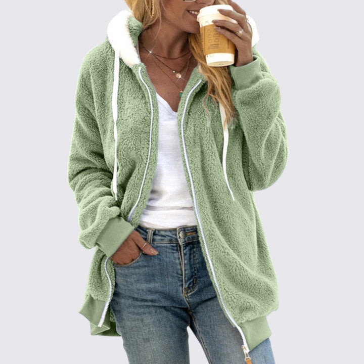 Veste en peluche à capuche, coloris vert clair, vue de face