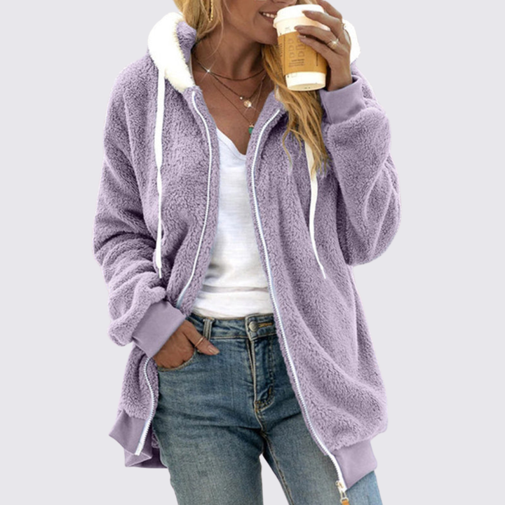 Veste en peluche à capuche, coloris violet, vue de face