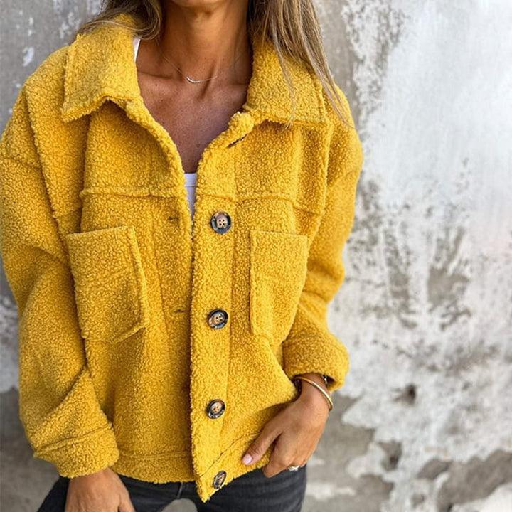 Veste en peluche boutonnée, coloris jaune, vue de face