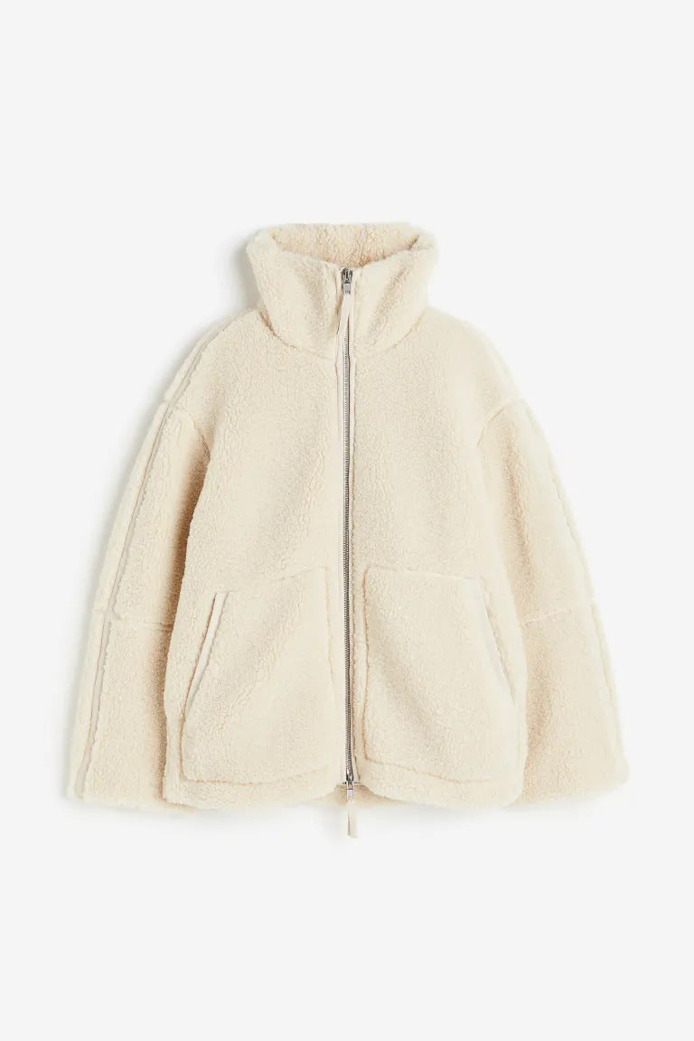 Veste en peluche zippée, coloris crème, présenté à plat