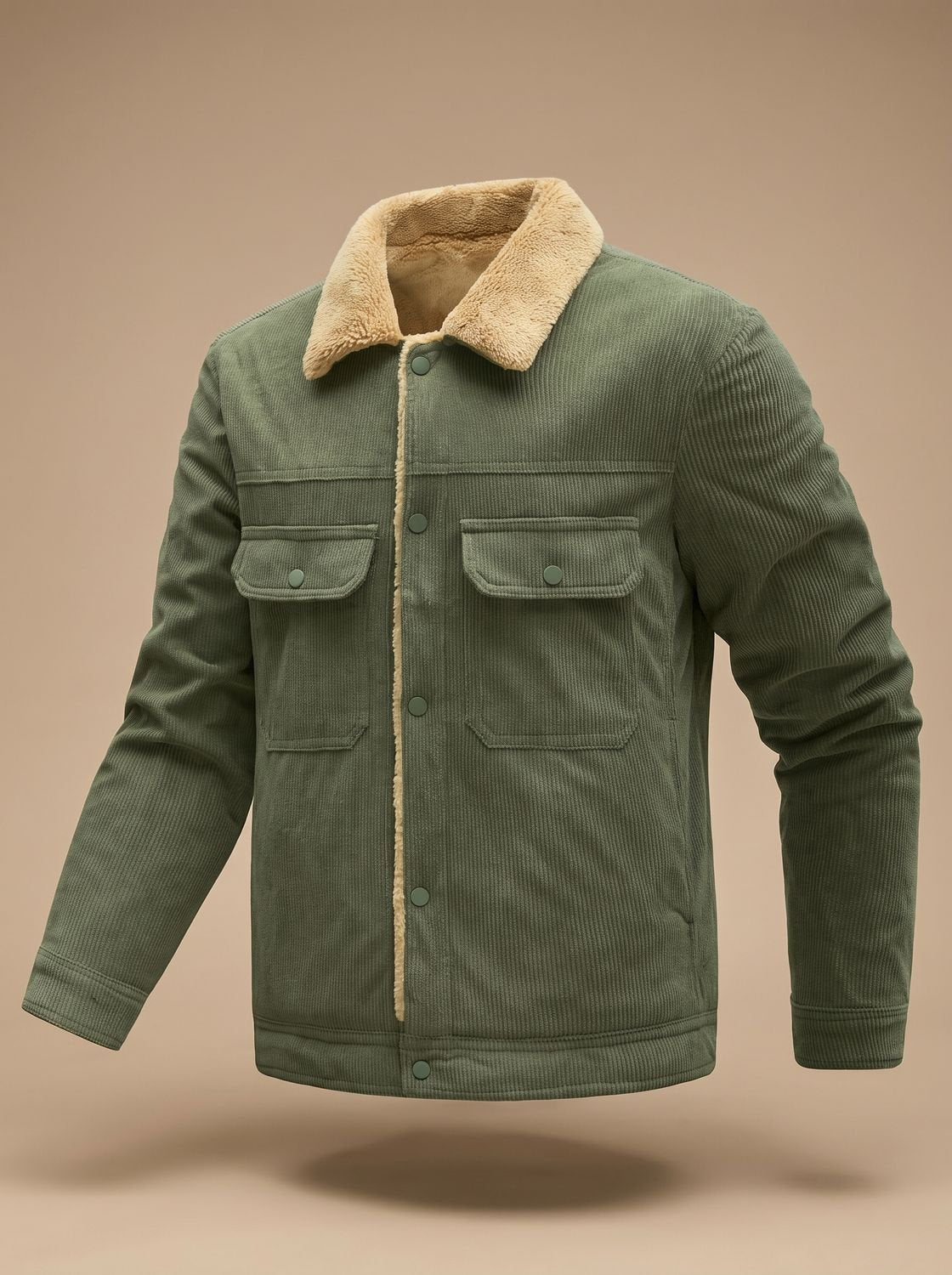 Veste en velours côtelé vert olive doublée sherpa, vue de trois quarts
