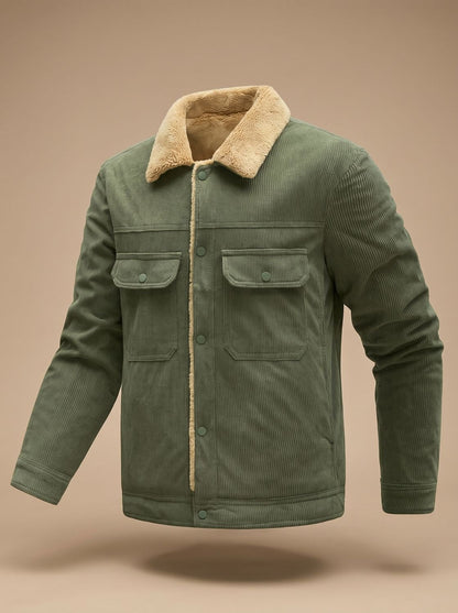 Veste en velours côtelé vert olive doublée sherpa, vue de trois quarts