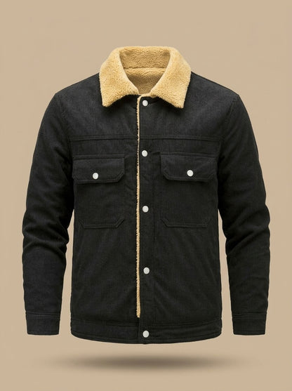 Veste en velours côtelé noire, doublure sherpa au devant