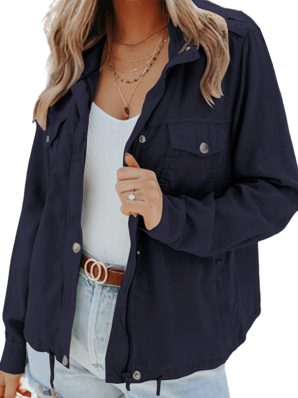 Veste légère cordon taille, coloris bleu marine, vue de face