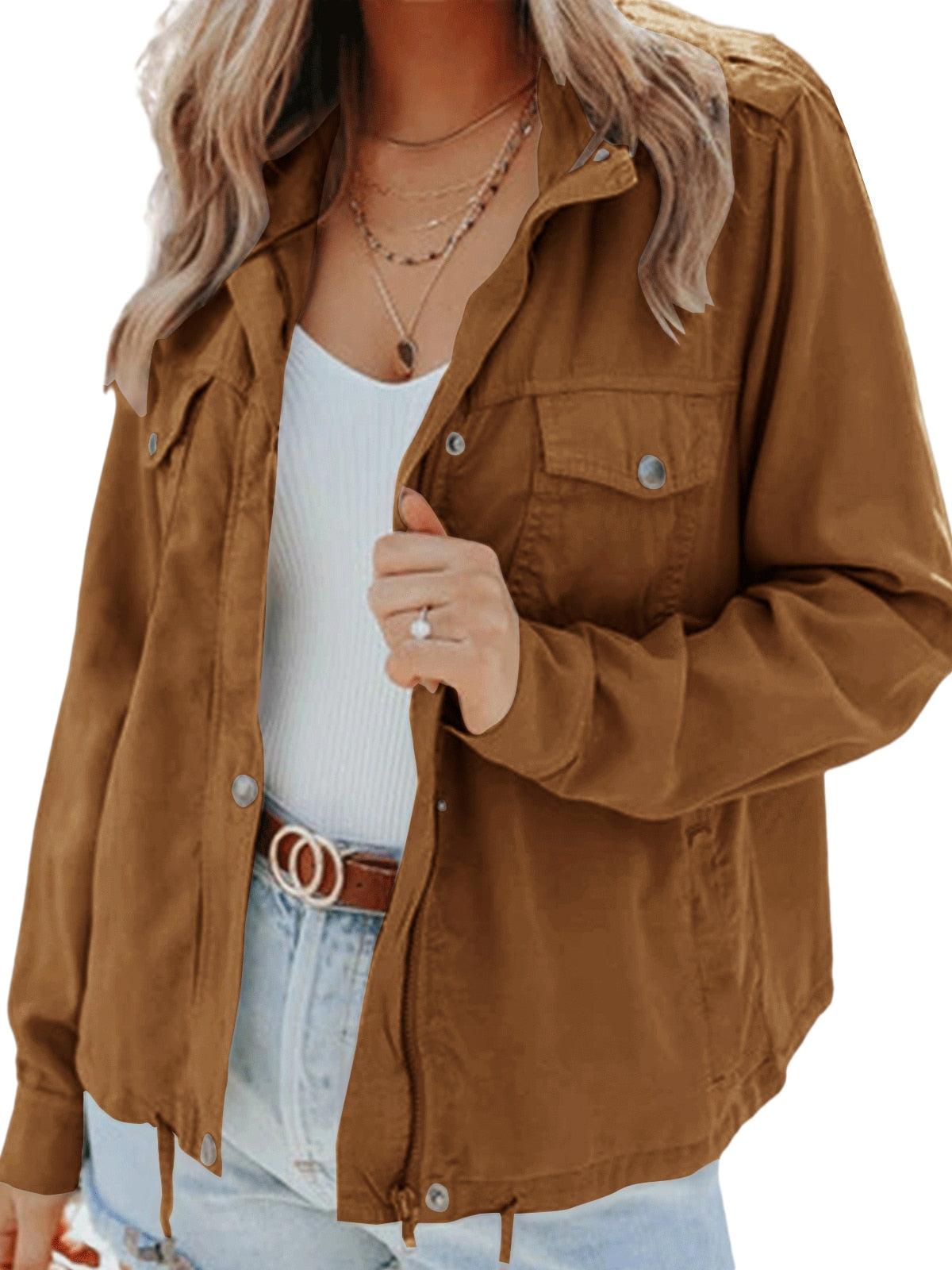Veste légère cordon taille, coloris caramel, vue de face