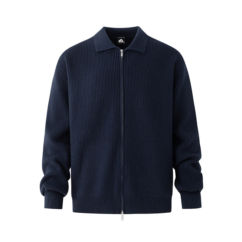 Veste en maille côtelée bleu marine à col chemise et fermeture éclair, coupe ample
