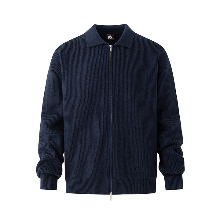 Veste en maille côtelée bleu marine à col chemise et fermeture éclair, coupe ample