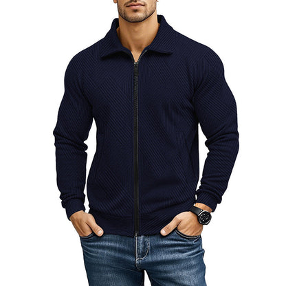 Veste maille structurée zippée, coloris bleu marine, vue de face