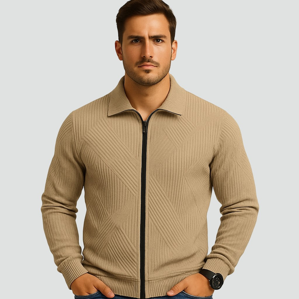 Veste maille structurée zippée, coloris sable, vue de face