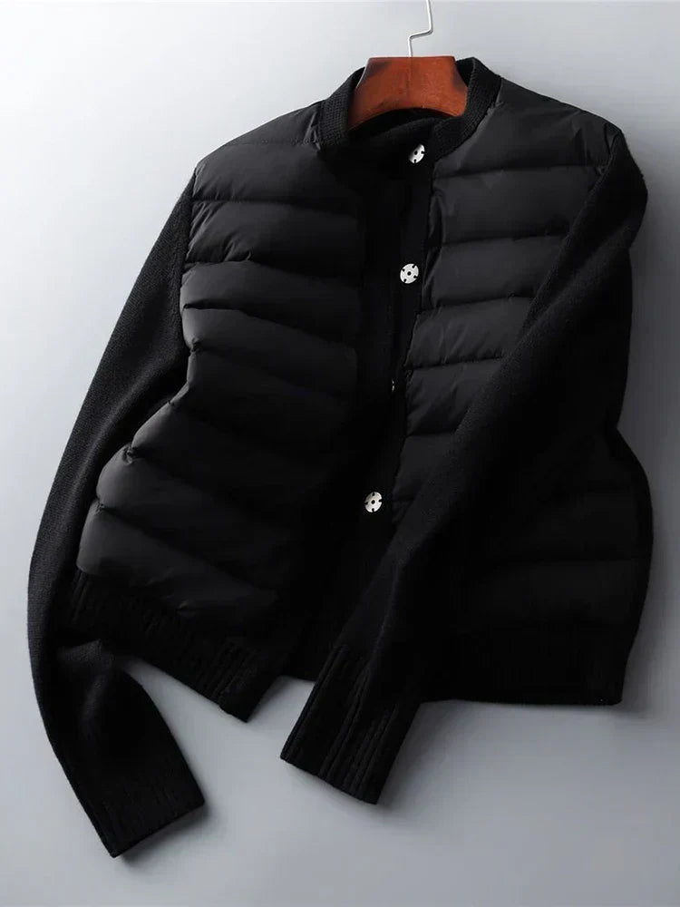 Veste matelassée manches maille, coloris noir, présenté à plat