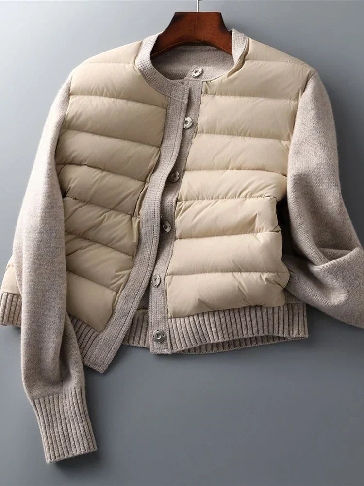 Veste matelassée manches maille, coloris sable, présenté à plat