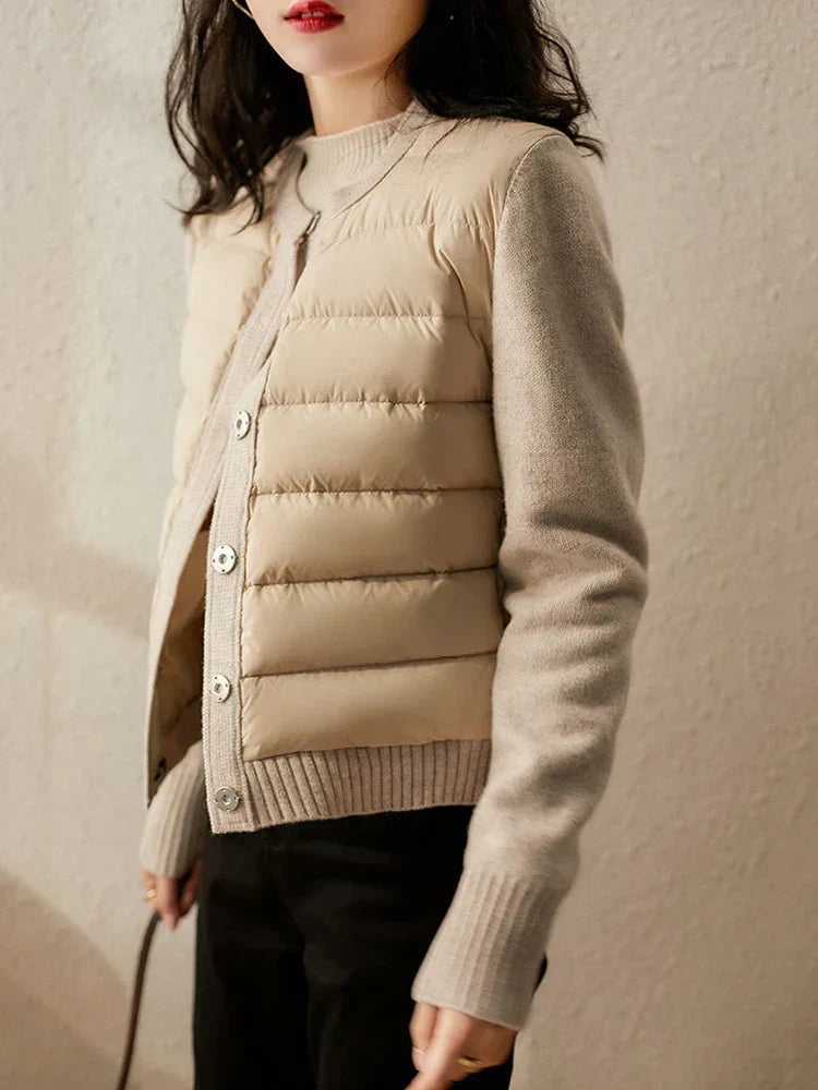 Veste matelassée manches maille, coloris sable, vue de trois quarts