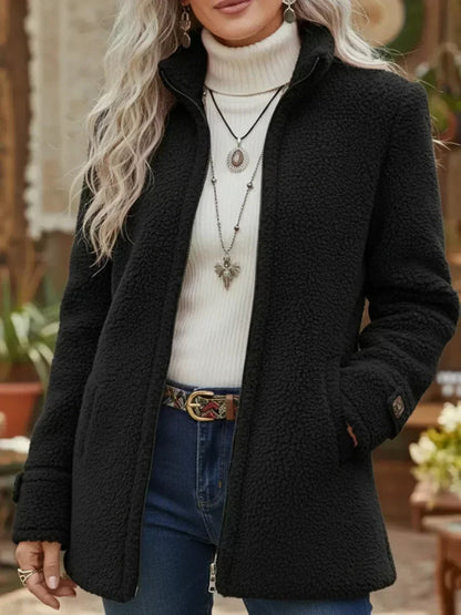 Veste teddy col montant, coloris noir, vue de face