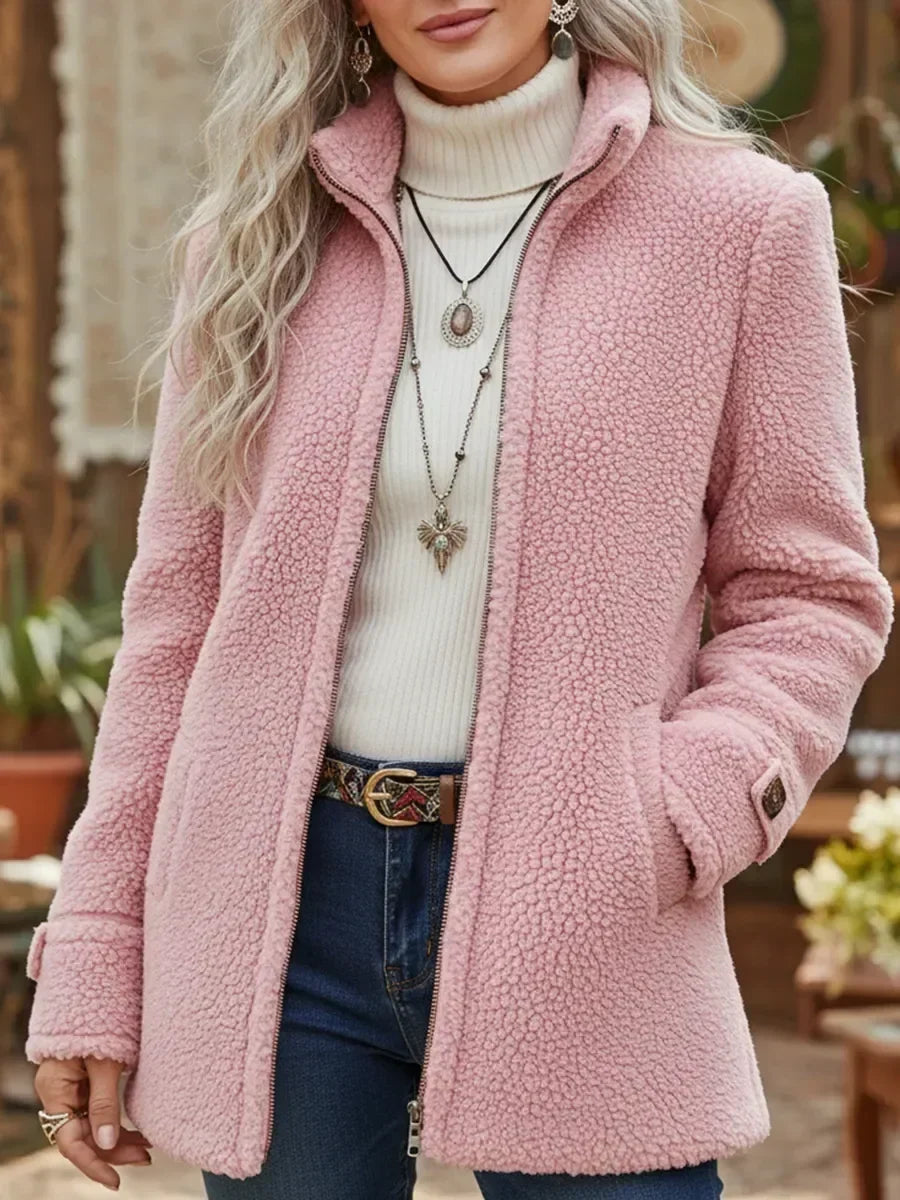 Veste teddy col montant, coloris rose, vue de face