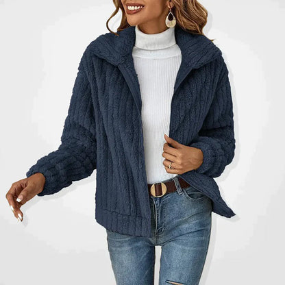 Veste teddy zippée douce, coloris bleu marine, vue de face