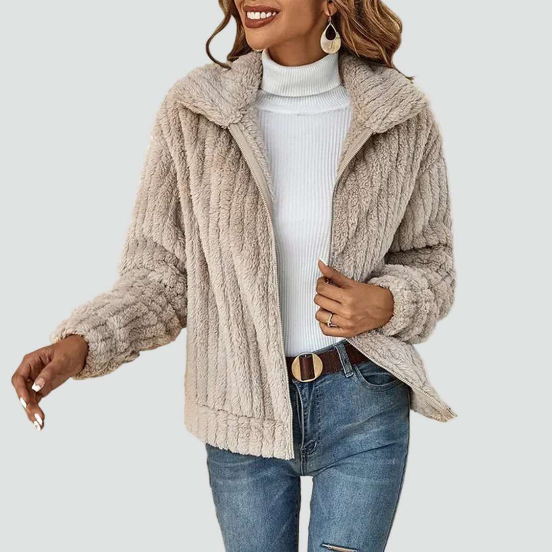 Veste teddy zippée douce, coloris crème, vue de face